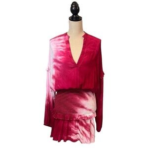 Aqua Luxury Long Sleeve Smocked Waist Mini Dress in Tie Die Pink